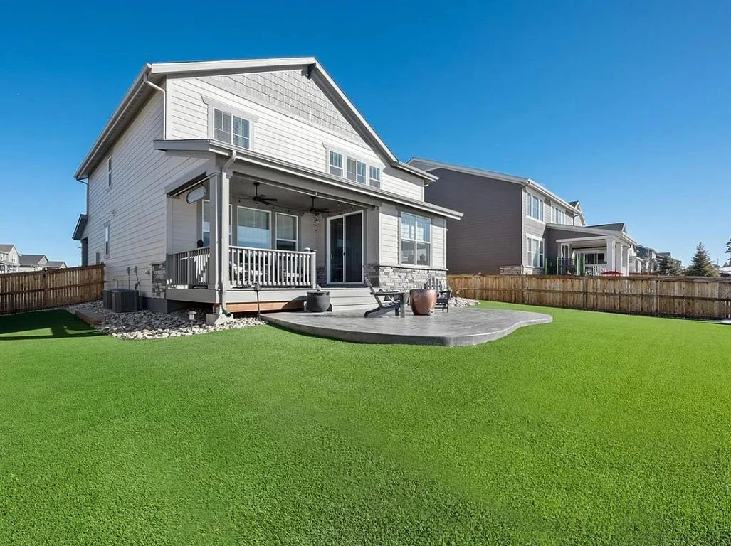 view of a large backyard with full turf installation